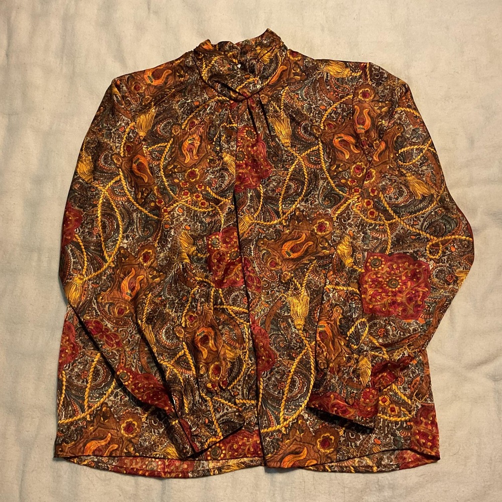 Heritage Road Shirt Womens 12 Brown Paisley Baroque Scarf Print Blouse Top